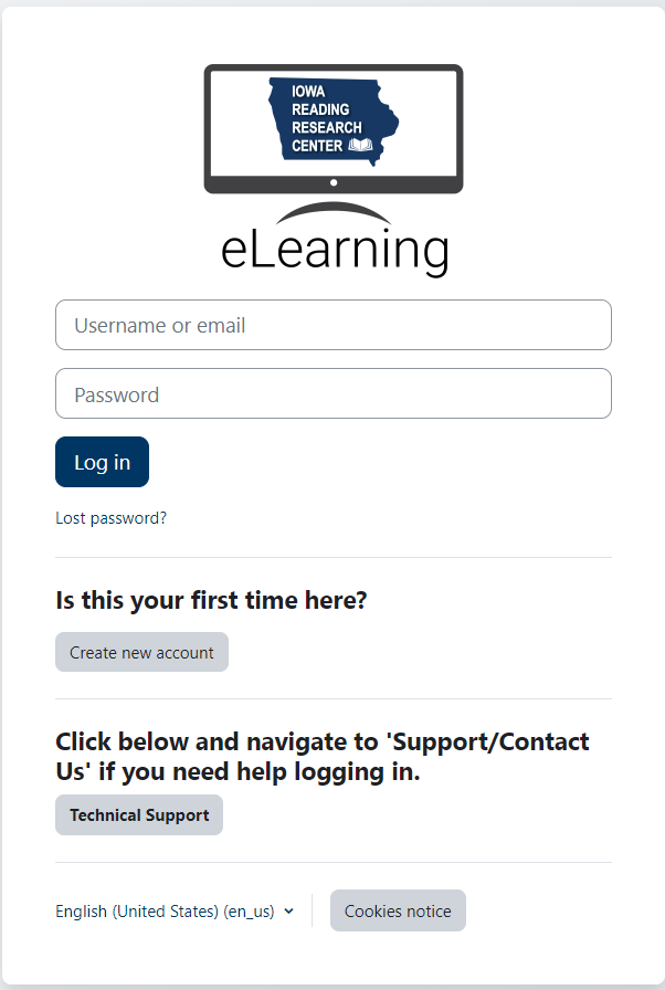 Screenshot of IRRC eLearning sign in page