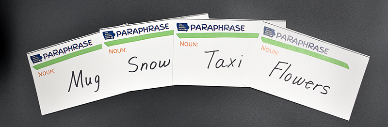 Noun cards with mug, snow, taxi, and flowers written on them