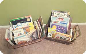 Two baskets of books which serve as an at home library