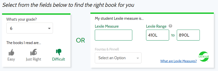 In the "Find a Book Tool" there are options to filter for grade or lexile range.