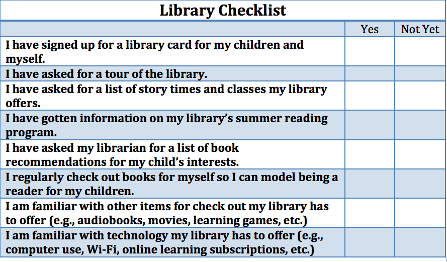 A checklist with boxes "Yes" and "Not Yet" with list on the side of tasks to complete in order to explore everything a library has to offer.