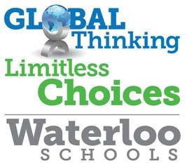 Waterloo CSD logo with blue and green font and a blue globe