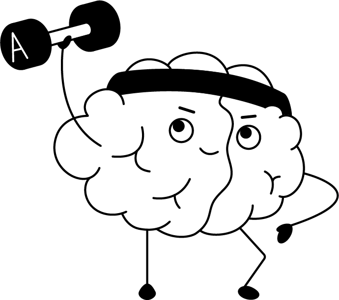 Cartoon brain lifting a weight with the letter "a"