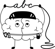 A cartoon brain wearing a climbing helmet holds a rope above its head. The rope is twisted to form the letters "abc."