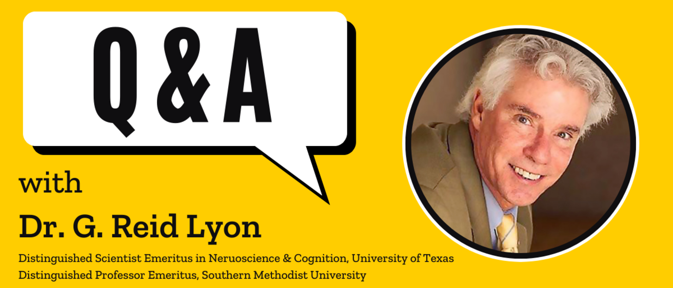 A speech bubble on a gold background reading "Q&A," below which is the text "with Reid Lyon." Pictured is a smiling man with white hair and a tan suit.