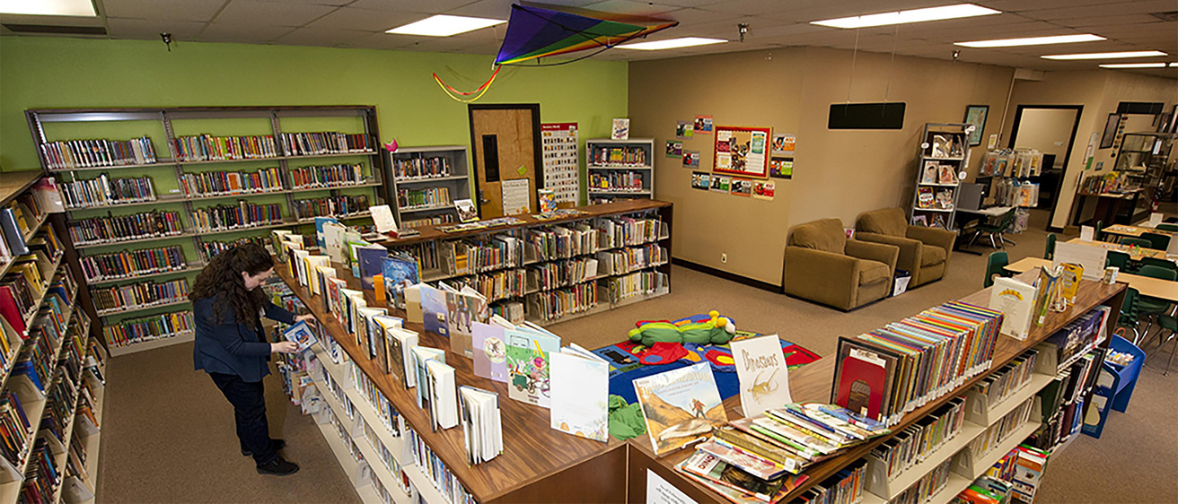 librarian organizes bookshelf