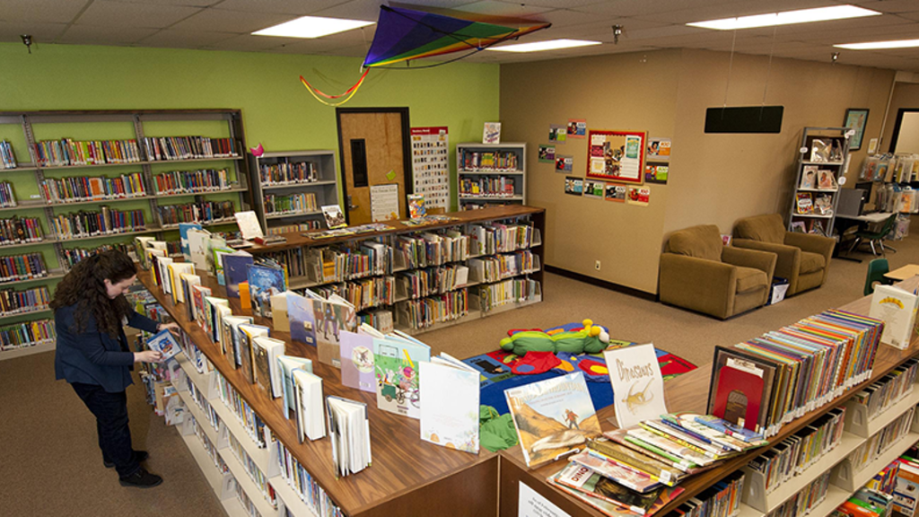 Aerial view of inside a library. There are bookshelves, a carpet, chairs, and desks to read and work at. A librarian puts away a book in its correct place.
