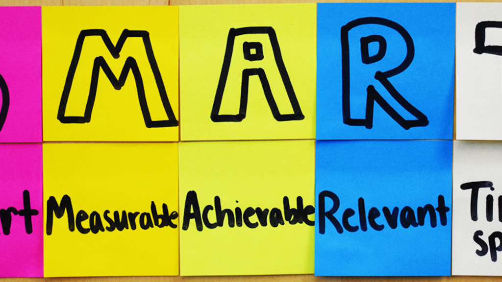 Different colored sticky notes with "SMART" written and underneath each letter in order: Smart, Measurable, Achievable, Relevant, Time-Specific