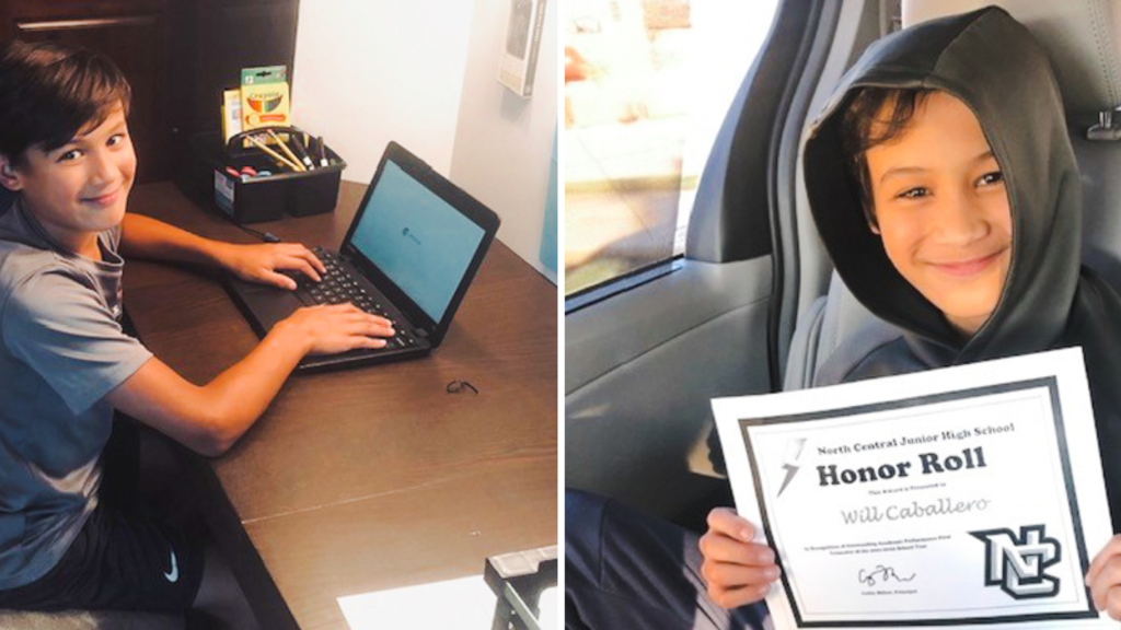 A split photo, one side showing Will Caballero on his first day of virtual learning, and the other showing him holding a certificate for making the honor roll.