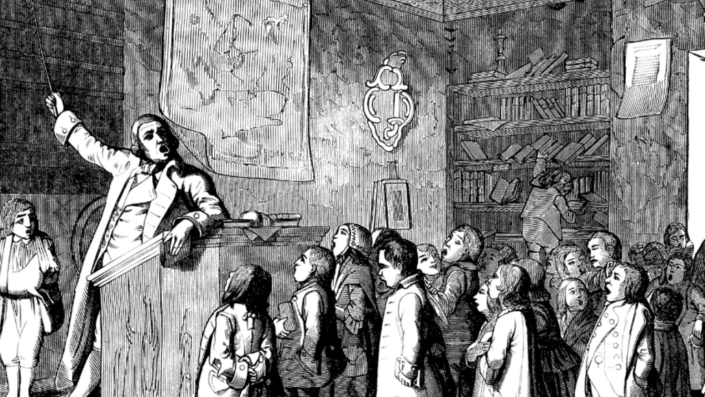 A black and white illustration of a 17th century school with a teacher instructing students