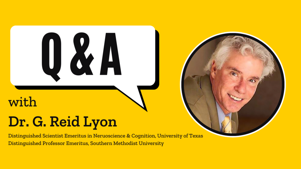 A speech bubble on a gold background reading "Q&A," below which is the text "with Reid Lyon." Pictured is a smiling man with white hair and a tan suit.